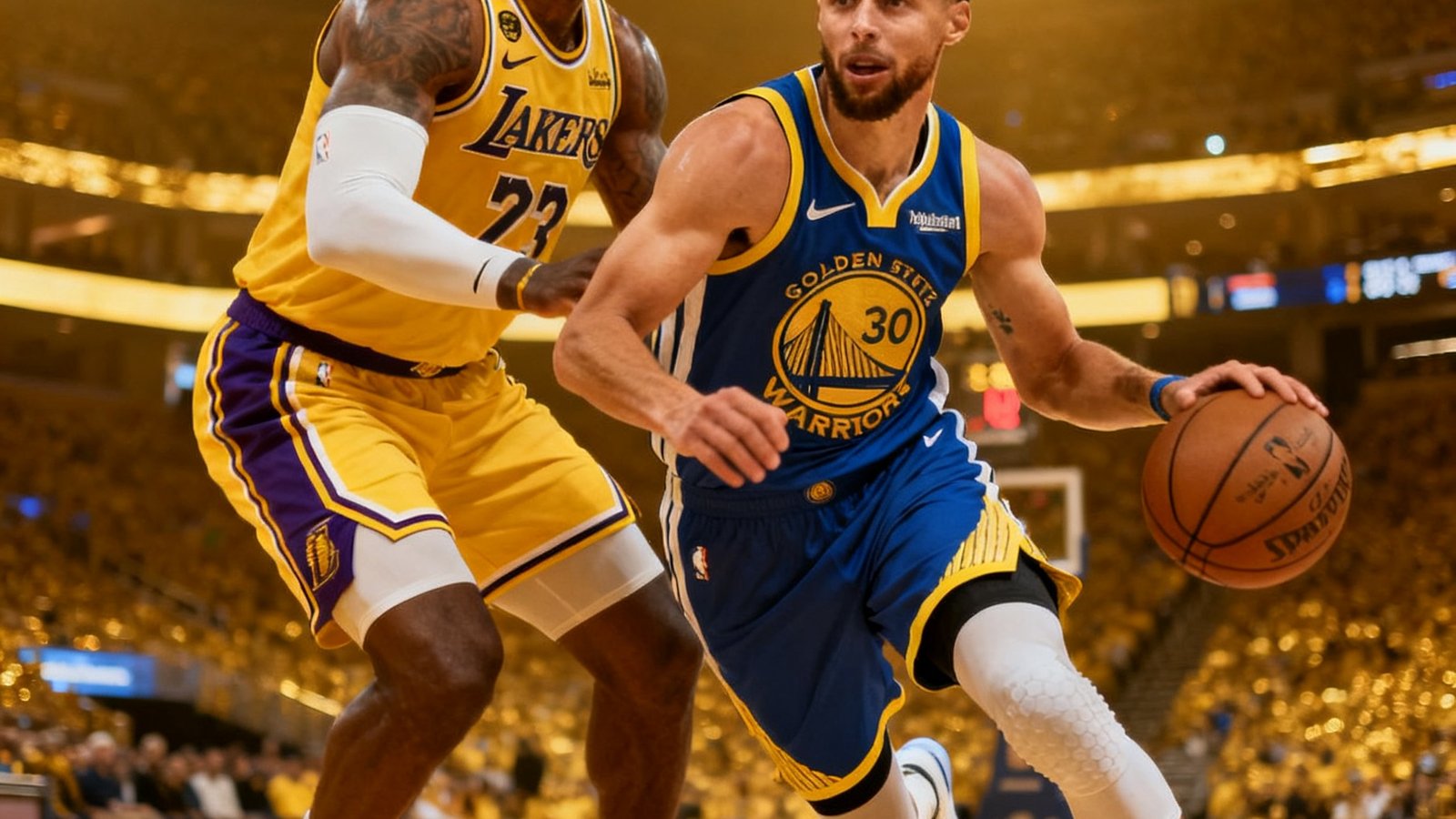 NBA常规赛勇士与湖人比赛，库里持球突破，詹姆斯防守，背景为金色球馆